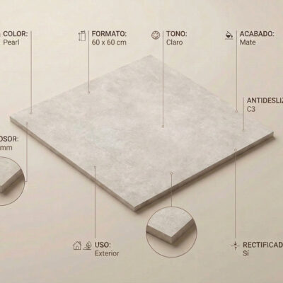 Porcelanato antideslizante 60x60 color Pearl con acabado mate y uso exterior, con detalles de sus características.