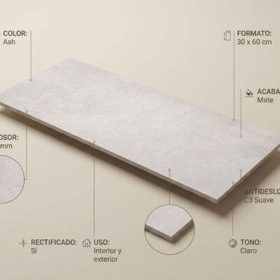 Azulejo porcelánico rectangular gris claro Indeed Ash con acabado mate y medidas 30x60 cm.