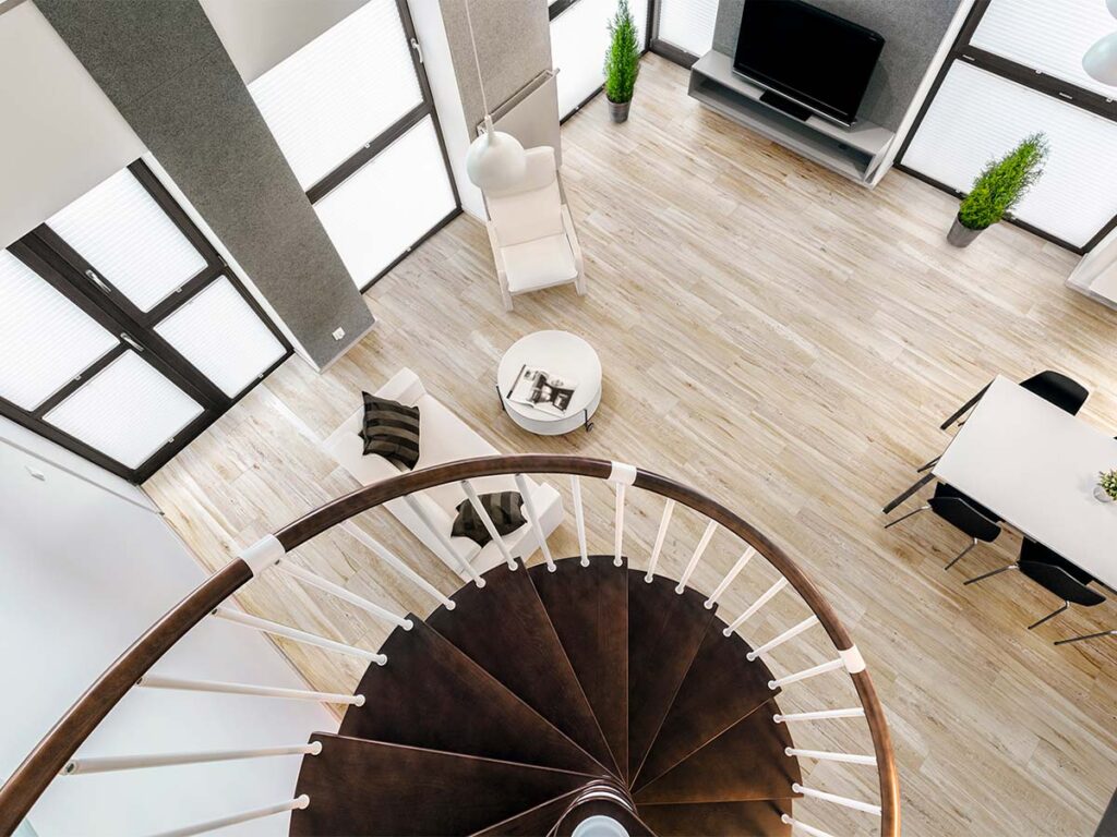 Suelo de salón con lamas porcelánicas Torvik Blanco de imitación madera estilo nórdico.