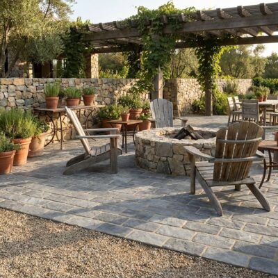 Terraza rústica con suelo porcelánico country gris. Incluye fogata de piedra, pérgola y plantas.