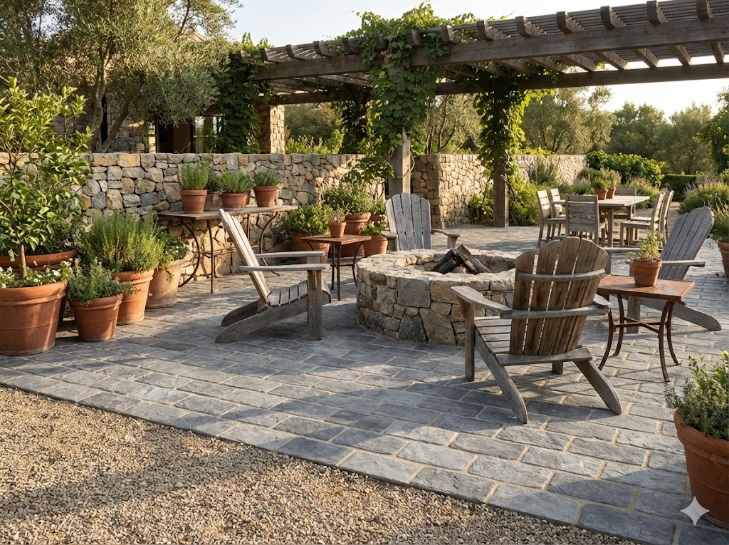 Terraza rústica con suelo porcelánico country gris. Incluye fogata de piedra, pérgola y plantas.