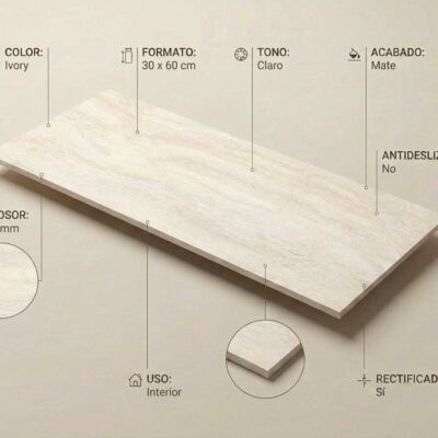 Azulejo Sforza Ivory rectangular de 30x60 cm con diseño mármol y acabado mate