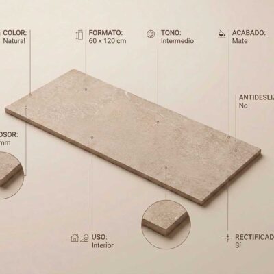 Una baldosa de porcelánico Arenite Natural 60x120 cm mate y rectificado para interior.