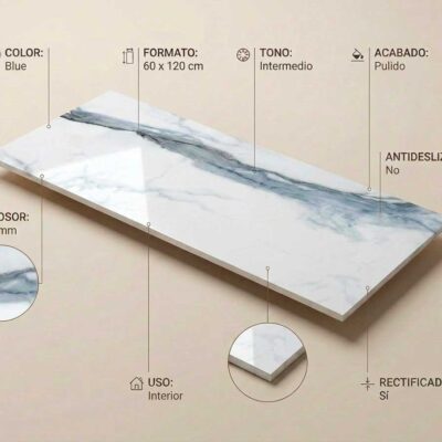 Porcelanico Camile Blue pulido y rectificado de 60x120 cm con vetas azules.