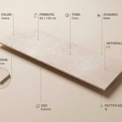 Un azulejo porcelánico Claire Arena de 60x120 cm con acabado mate y antideslizante.