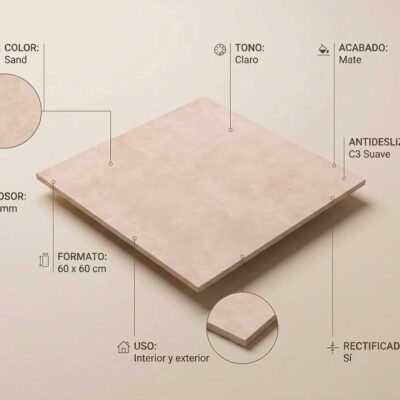 Suelo porcelanico Columbia Sand 60x60 cm mate y tono claro. Se muestran sus especificaciones.