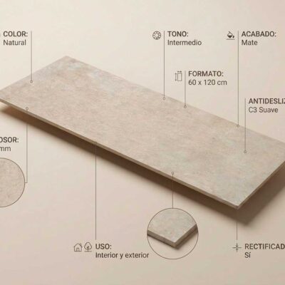 Un porcelanico Crassana Natural de 60x120 cm con acabado mate y bordes rectificados.