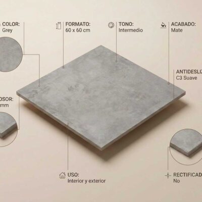 Baldosa porcelánica gris mate de 60x60 cm con detalles de grosor 9.5 mm y uso interior/exterior.