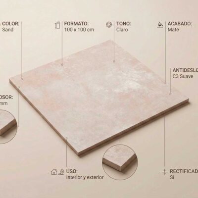 Un azulejo porcelánico Indeed Sand de 100x100 cm mate, tono claro y borde rectificado.