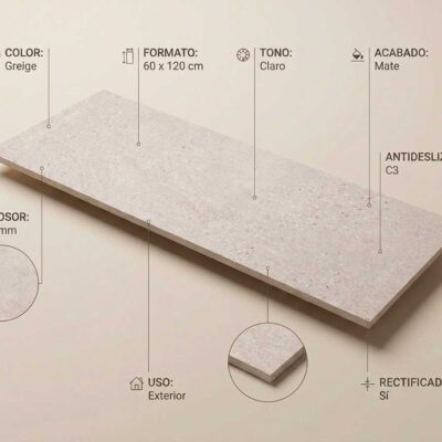 Baldosa porcelánica Kreta Greige 60x120 cm mate, rectificada y antideslizante C3.
