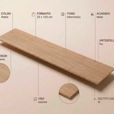 Tabla de porcelánico Kyndal Roble 23x120 cm con acabado mate y borde rectificado.