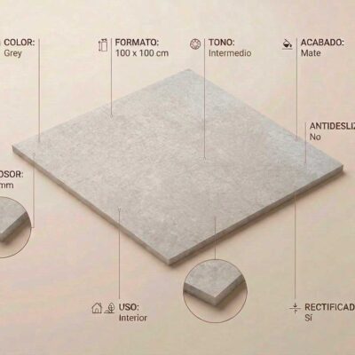 Un azulejo porcelánico gris mate de 100x100 cm con bordes rectificados se muestra. Tiene un grosor de 10 mm.
