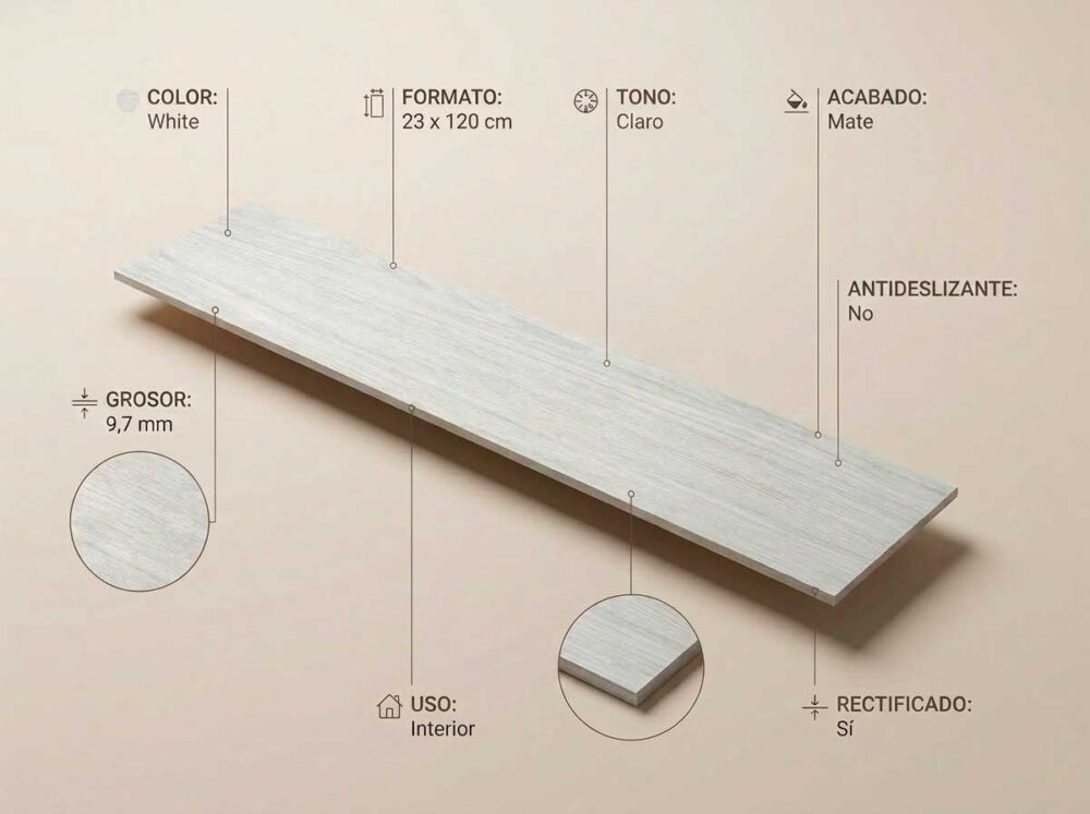 Porcelánico Ninsba White 23×120 cm MT Rect