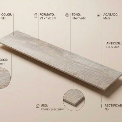Baldosa porcelánica Olson Ski 23x120 cm mate, antideslizante C3. Uso interior y exterior.