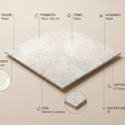Un azulejo porcelánico Rockstone Pearl 100x100 cm de tono claro, acabado mate y textura sutil.
