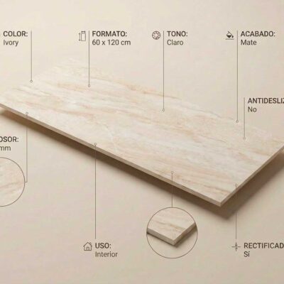 Un azulejo porcelánico Sforza Ivory de 60x120 cm con acabado mate y bordes rectificados.