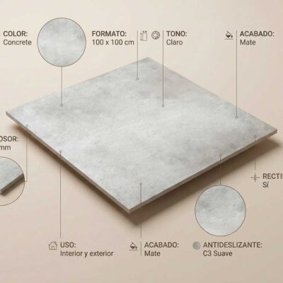 Un porcelánico de color gris claro con efecto hormigón, formato 100x100 cm y acabado mate.