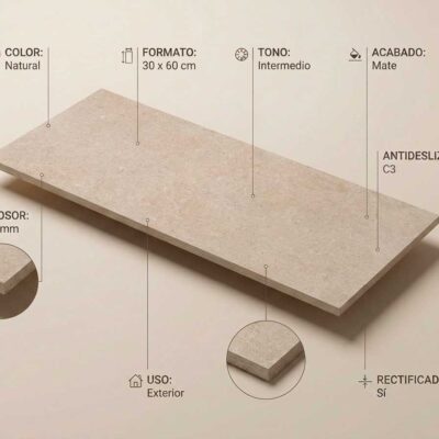 Un porcelanico Ulisse Natural de 30x60 cm para exterior, mate y antideslizante C3.