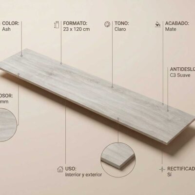Porcelánico Versat Ash 23x120 cm mate, tono claro. Incluye especificaciones de uso interior y exterior.