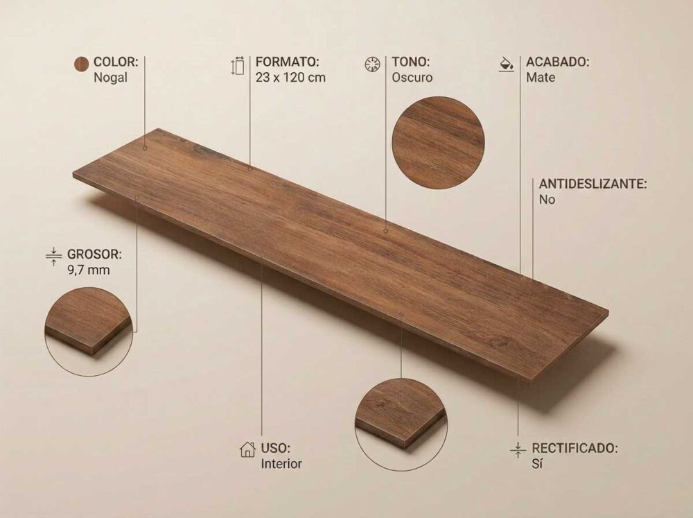 Porcelánico Volte Nogal 23×120 cm MT Rect