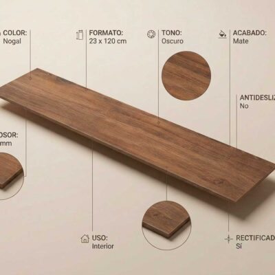 Porcelánico Volte Nogal 23x120 cm mate. Muestra color oscuro, grosor 9,7 mm y uso interior.