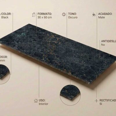 Azulejo porcelánico negro imitación mármol con vetas doradas. Muestra formato 30x60 cm y acabado mate.