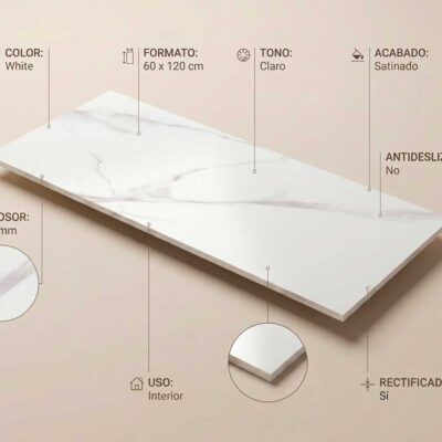 Azulejo blanco de inspiración mármol Lumiere White 60x120 cm con acabado satinado y bordes rectificados.