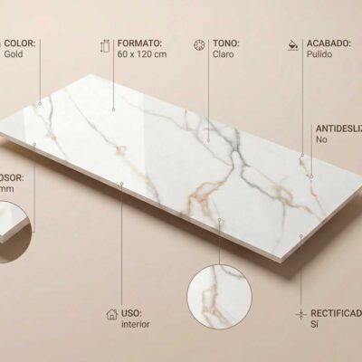 Suelo porcelánico blanco con vetas doradas y grises, acabado pulido y formato 60x120 cm.