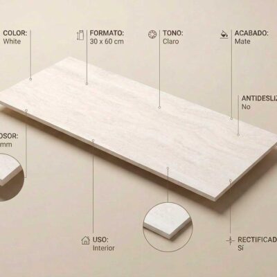 Azulejo porcelánico blanco Sforza White 30x60 cm con veteado mármol y especificaciones.
