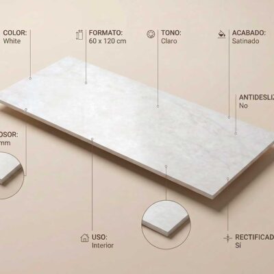 Baldosa cerámica blanca efecto mármol Doncella White 60x120 cm. Acabado satinado y rectificado.