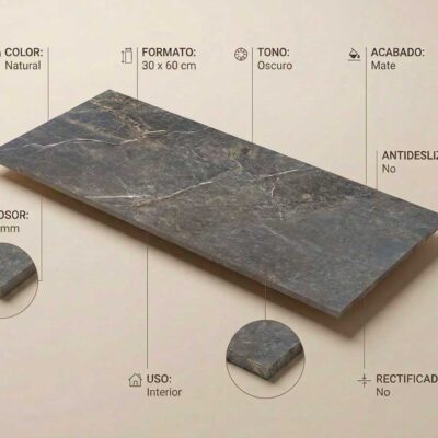 Baldosa cerámica oscura efecto mármol Syrah Natural de