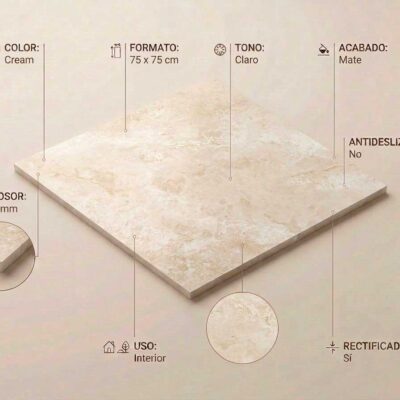 Azulejo porcelánico imitación mármol Poetry Cream 75x75 cm mate rectificado para interior.