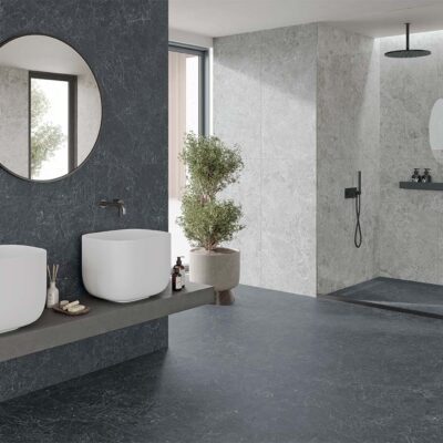 baño moderno con azulejo para ducha y suelo porcelánico gris oscuro