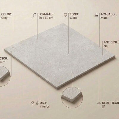 Azulejo porcelánico 80x80 gris efecto cemento con detalles de sus características técnicas.
