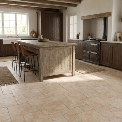 Suelo porcelánico beige efecto piedra en cocina rústica con isla de madera.