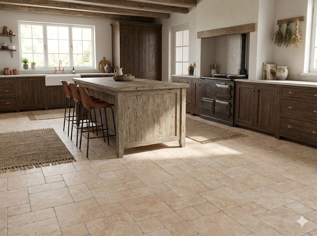Suelo porcelánico beige efecto piedra en cocina rústica con isla de madera.