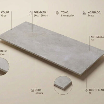 Un suelo porcelanico gris de 60x120 cm con efecto cemento, acabado mate y 6.3 mm de grosor.