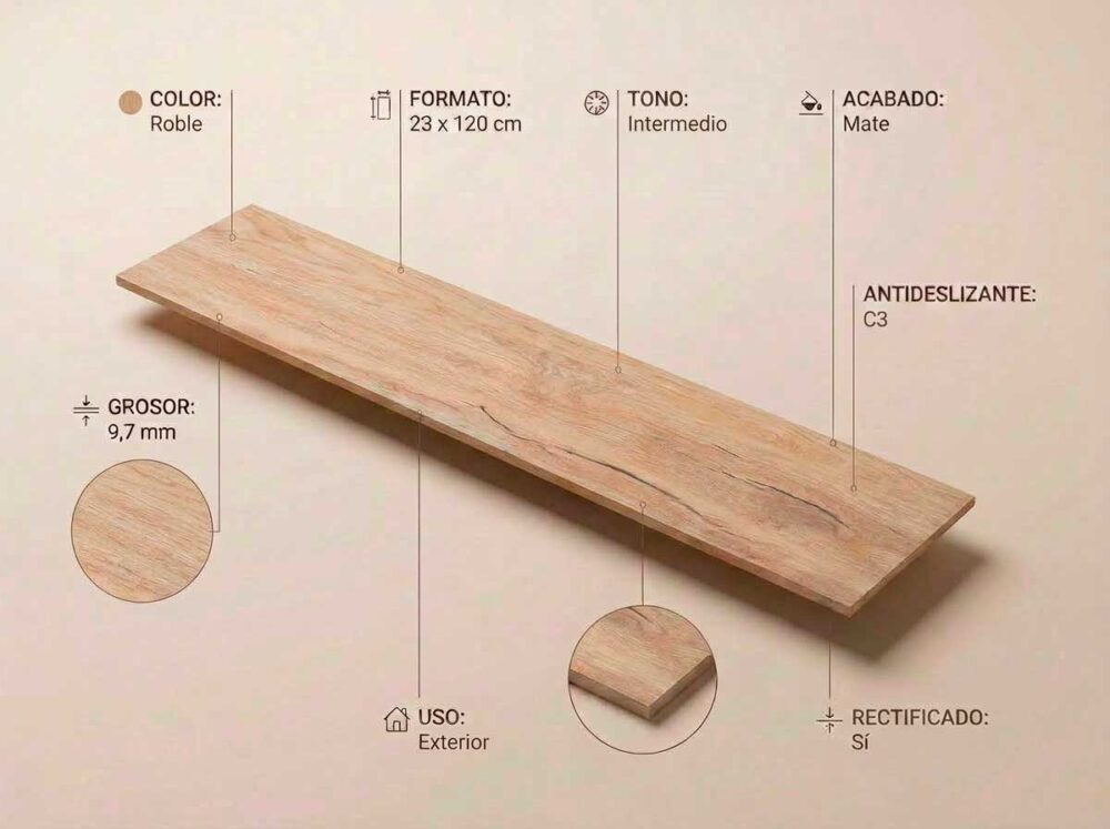 Porcelánico Telma Roble 23×120 cm MT Rect Antid