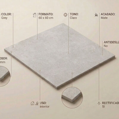 Un suelo porcelánico gris de 60x60 cm con acabado mate y bordes rectificados.