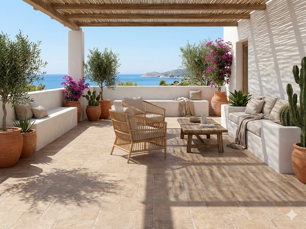 Terraza mediterránea con suelo porcelanico imitacion barro Sinau Taupe y vistas al mar.