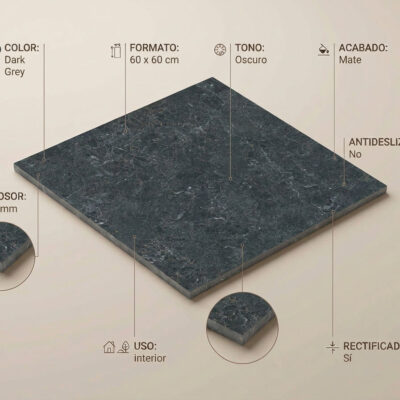 Pieza rectangular de porcelánico de 60×60 cm con efecto mármol en tonos gris oscuro. Superficie con veteado natural y acabado mate, mostrando textura pulida característica de imitación mármol.