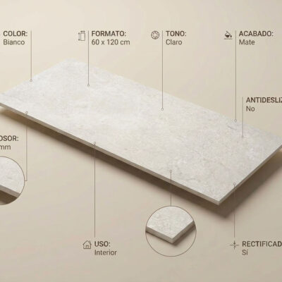 Suelo porcelánico Cruise Bianco 60x120 cm con acabado mate y textura de piedra clara.
