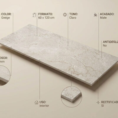 Un azulejo de suelo porcelánico greige de 60x120 cm con acabado mate y textura de piedra.
