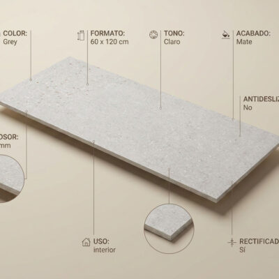 Suelo porcelánico gris de 60x120 cm con textura