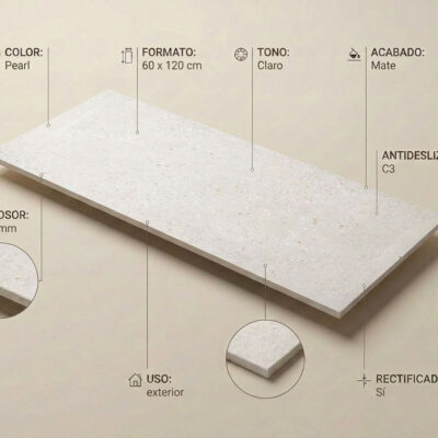 Baldosa porcelánica rectangular de 60×120 cm con acabado mate y textura serena natural en tonos pearl claro, rectificada y antideslizante, mostrando superficie con veteado sutil de piedra.