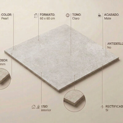 Azulejo porcelánico Regina Pearl de 60x60 cm con acabado mate y tono claro. Es rectificado y de uso interior.