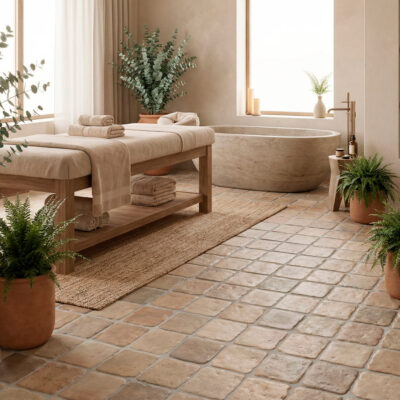 Suelo porcelánico rústico de baldosas cuadradas en un relajante spa.