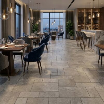 Suelo porcelánico gris tipo sílex en un restaurante moderno con mesas y barra. Perfecto para Benissa.