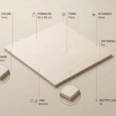Azulejo porcelánico Phase Ivory 60x60 cm mate rectificado con sus especificaciones técnicas.