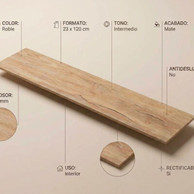 Una plaqueta de suelo porcelánico Telma Roble de 23x120 cm con efecto madera y acabado mate.